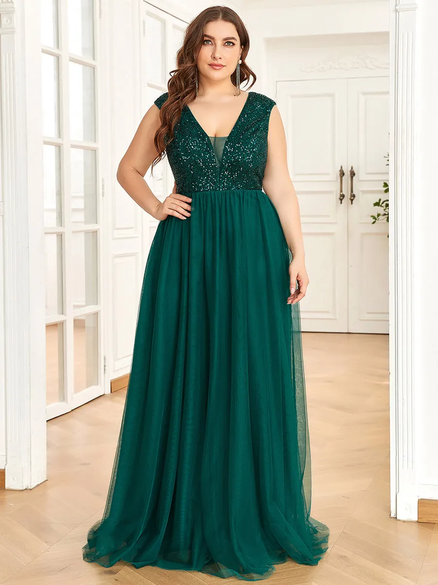 Plus Size Glamorous Sleeveless A Line Wholesale Evening Dresses with Deep V Neck