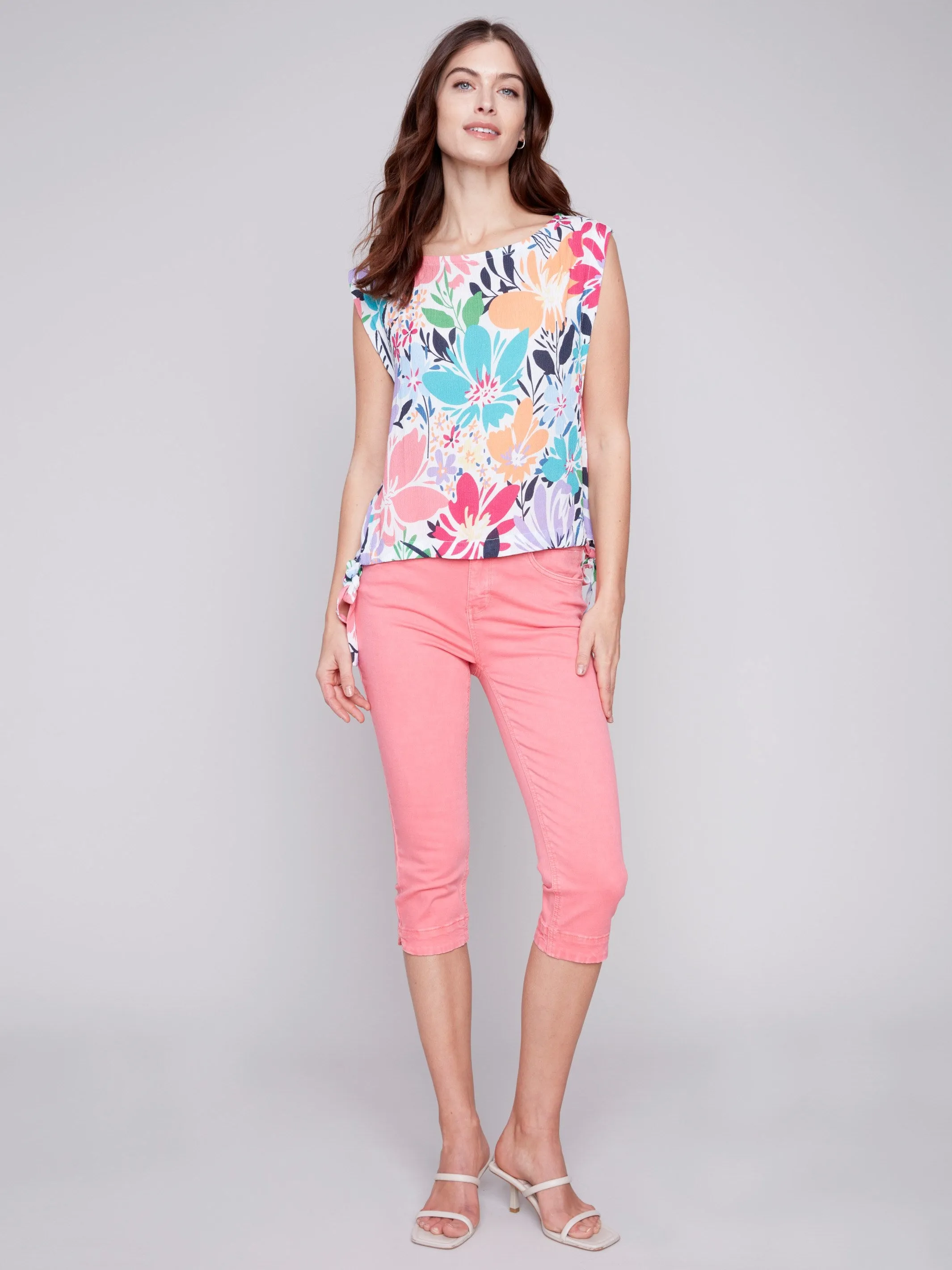 Printed Sleeveless Blouse with Side Ties - Blossom