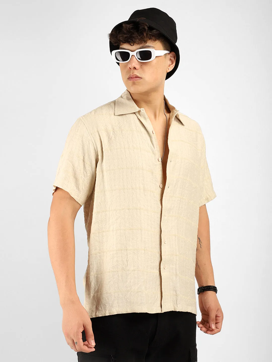 Shirtolo Beige Plain Half Sleeve Shirt