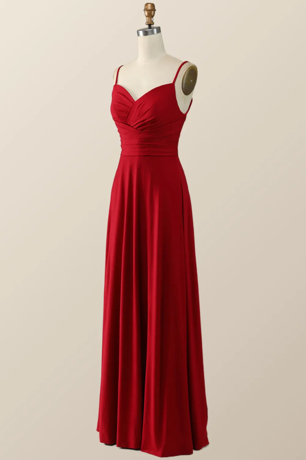 Simply Red Pleated Satin Long Bridesmaid Dress