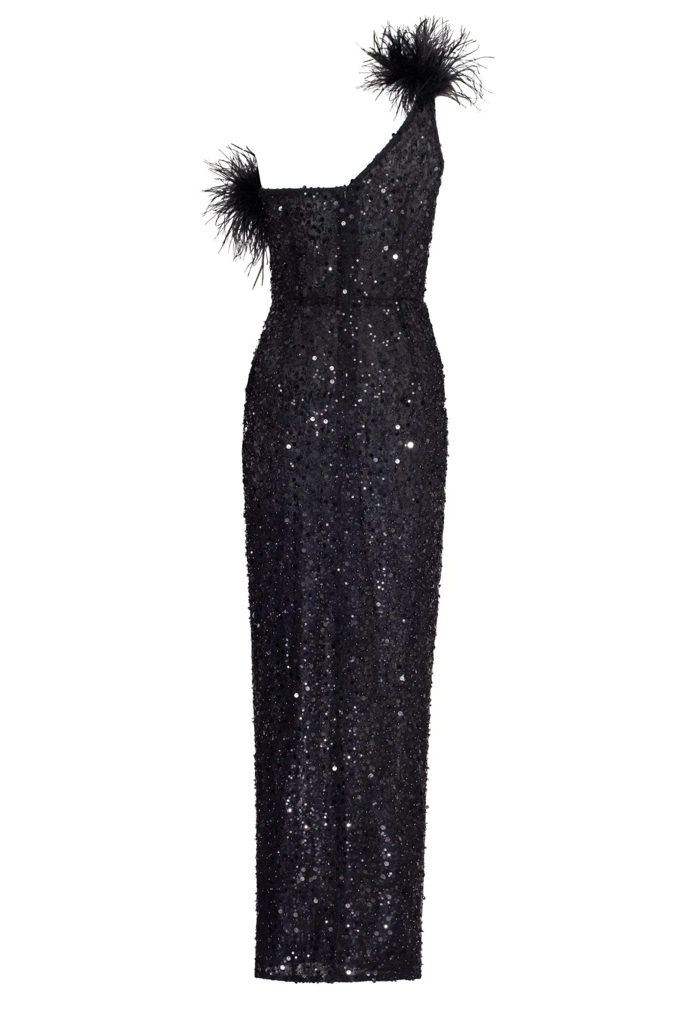 Striking one-shoulder maxi dress with feathers and sequins