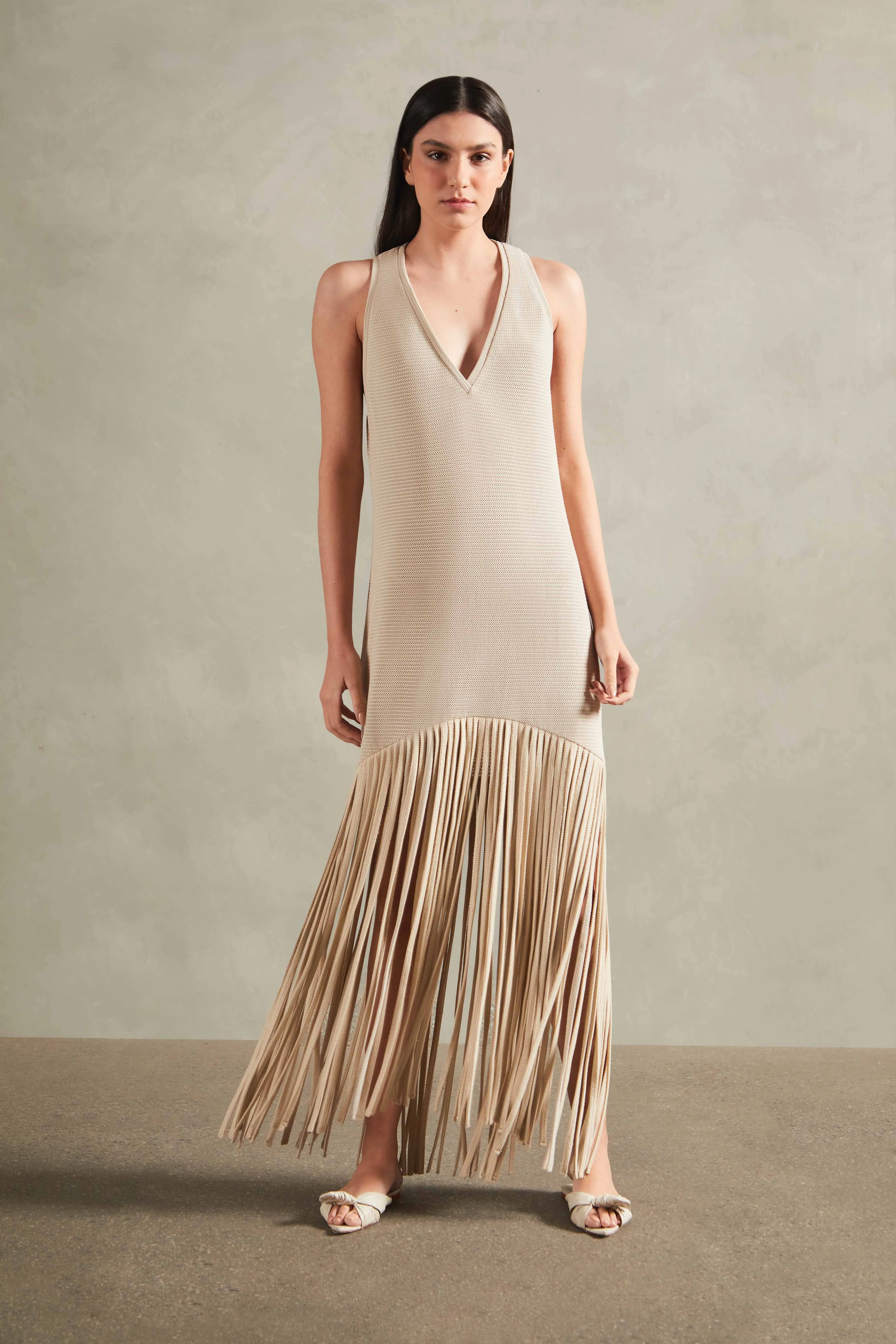 Tricot Knit Long Dress with Fringes