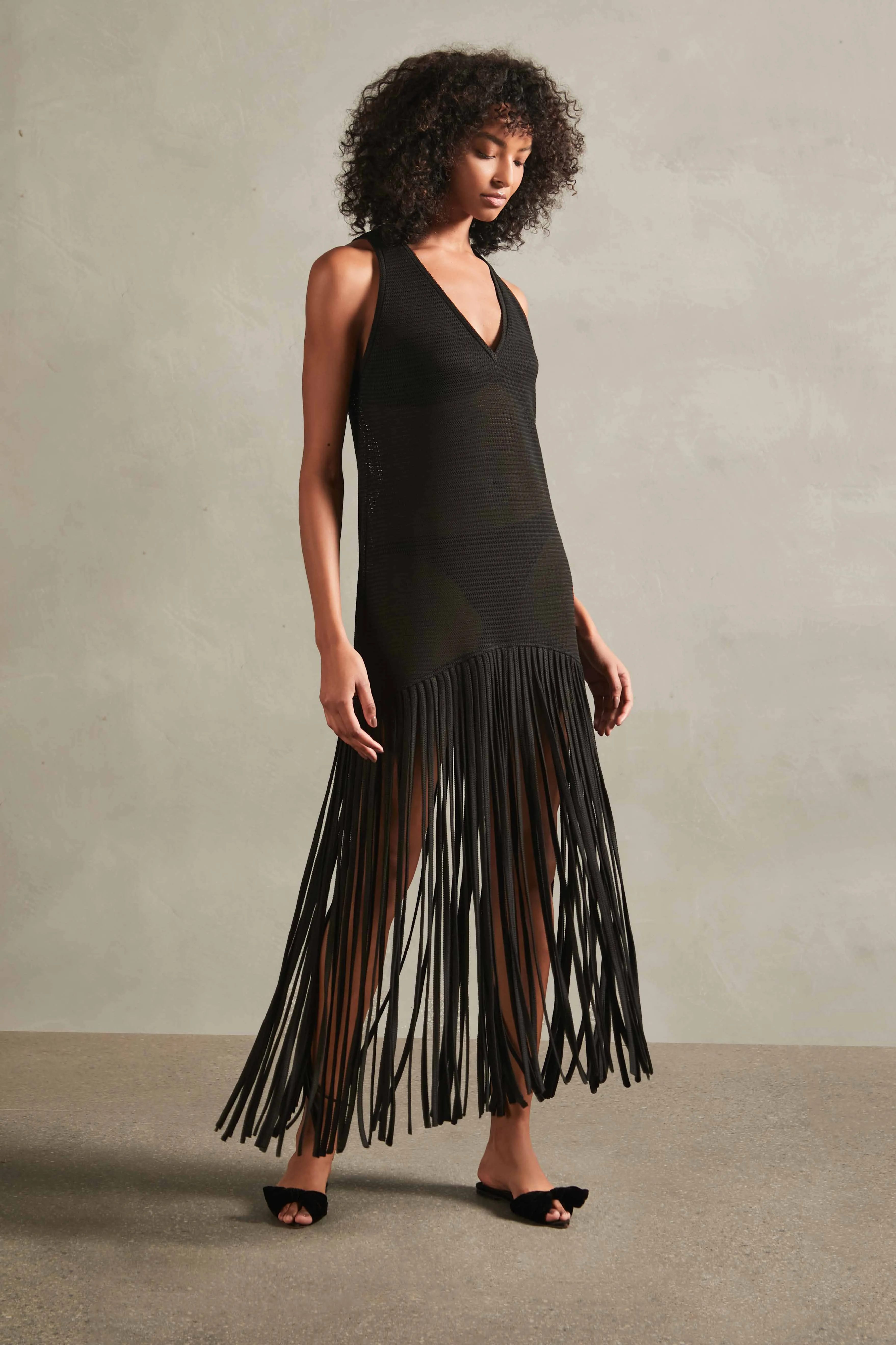 Tricot Knit Long Dress with Fringes