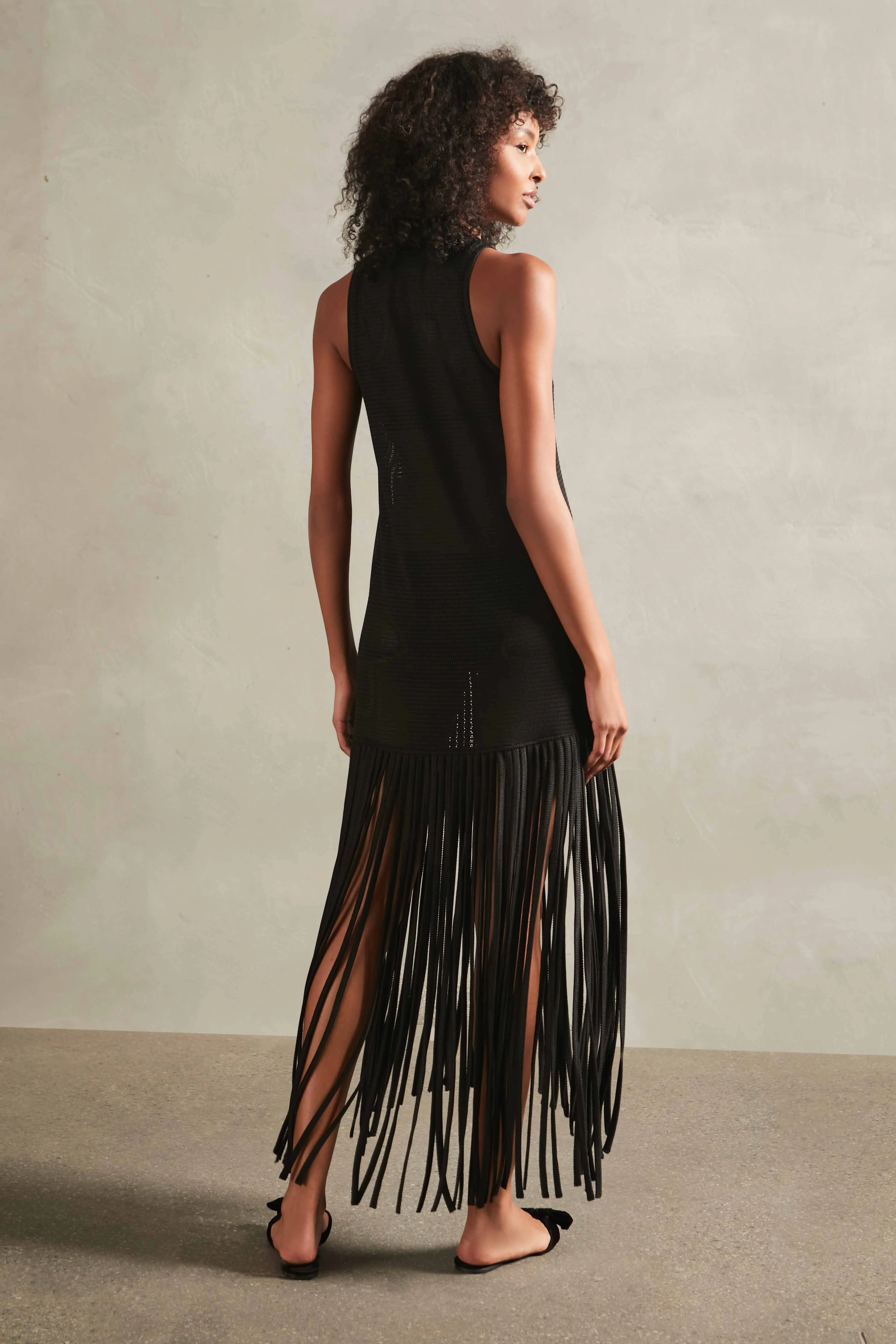 Tricot Knit Long Dress with Fringes