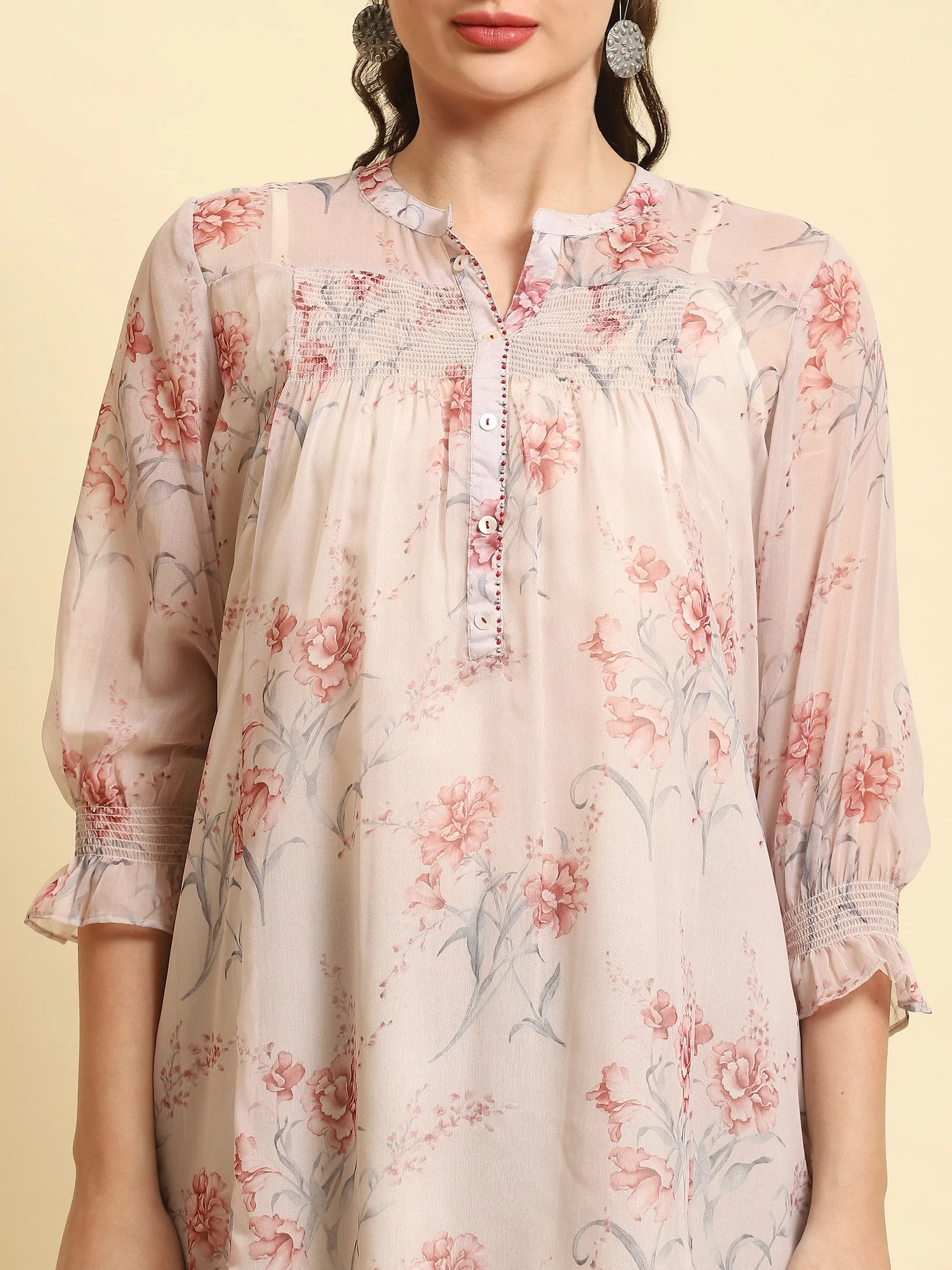 Women Baby Pink Floral Printed Tunic