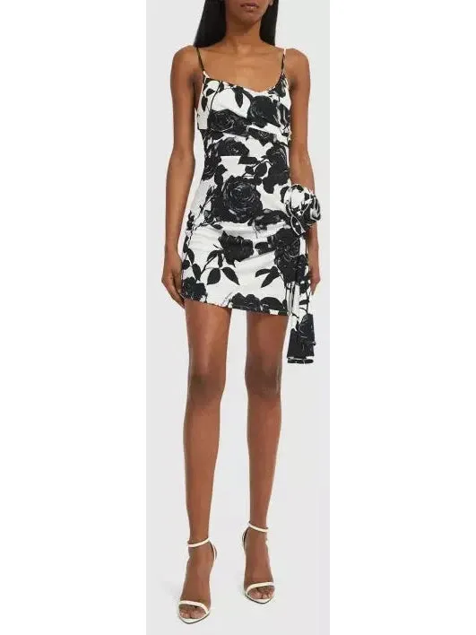 Women’s Black and White Rose-Print Mini Dress with Rose Applique