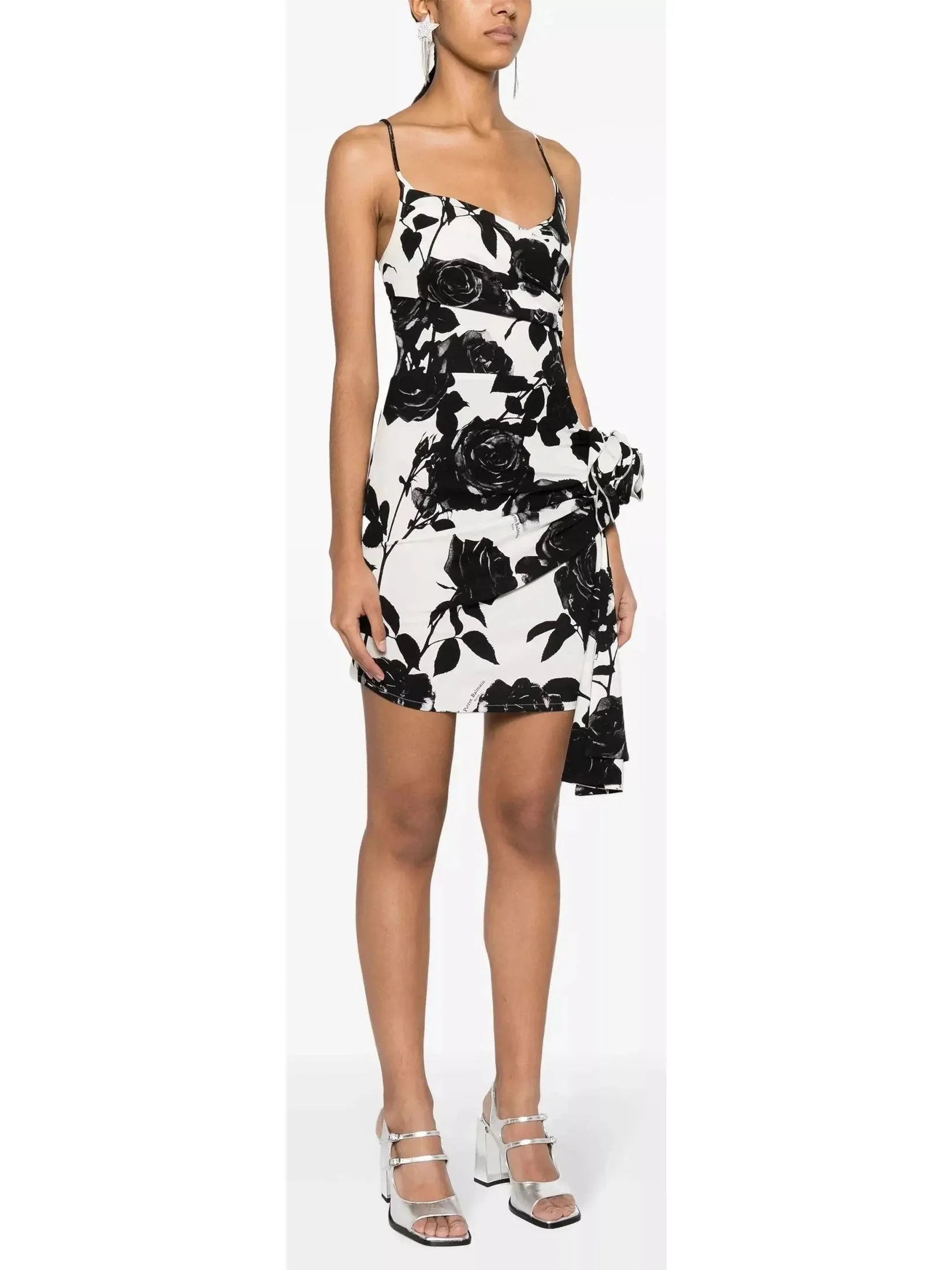 Women’s Black and White Rose-Print Mini Dress with Rose Applique