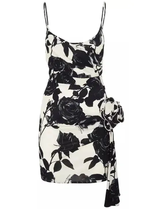 Women’s Black and White Rose-Print Mini Dress with Rose Applique