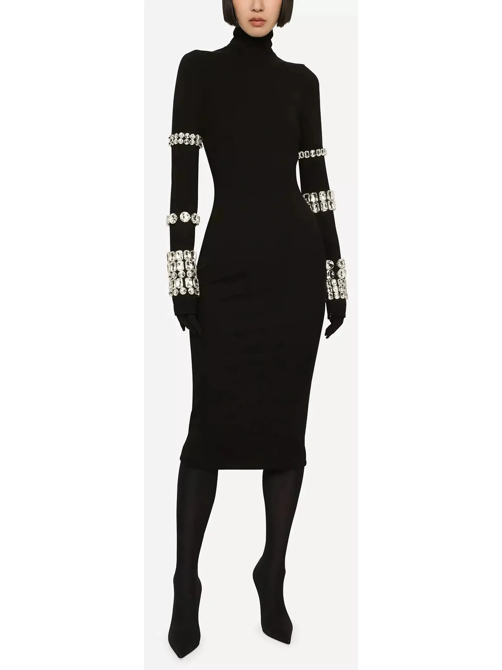 Women’s Black Calf-Length Stretchy Dress with Rhinestones