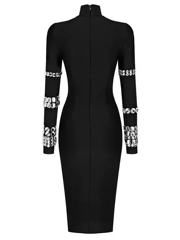 Women’s Black Calf-Length Stretchy Dress with Rhinestones