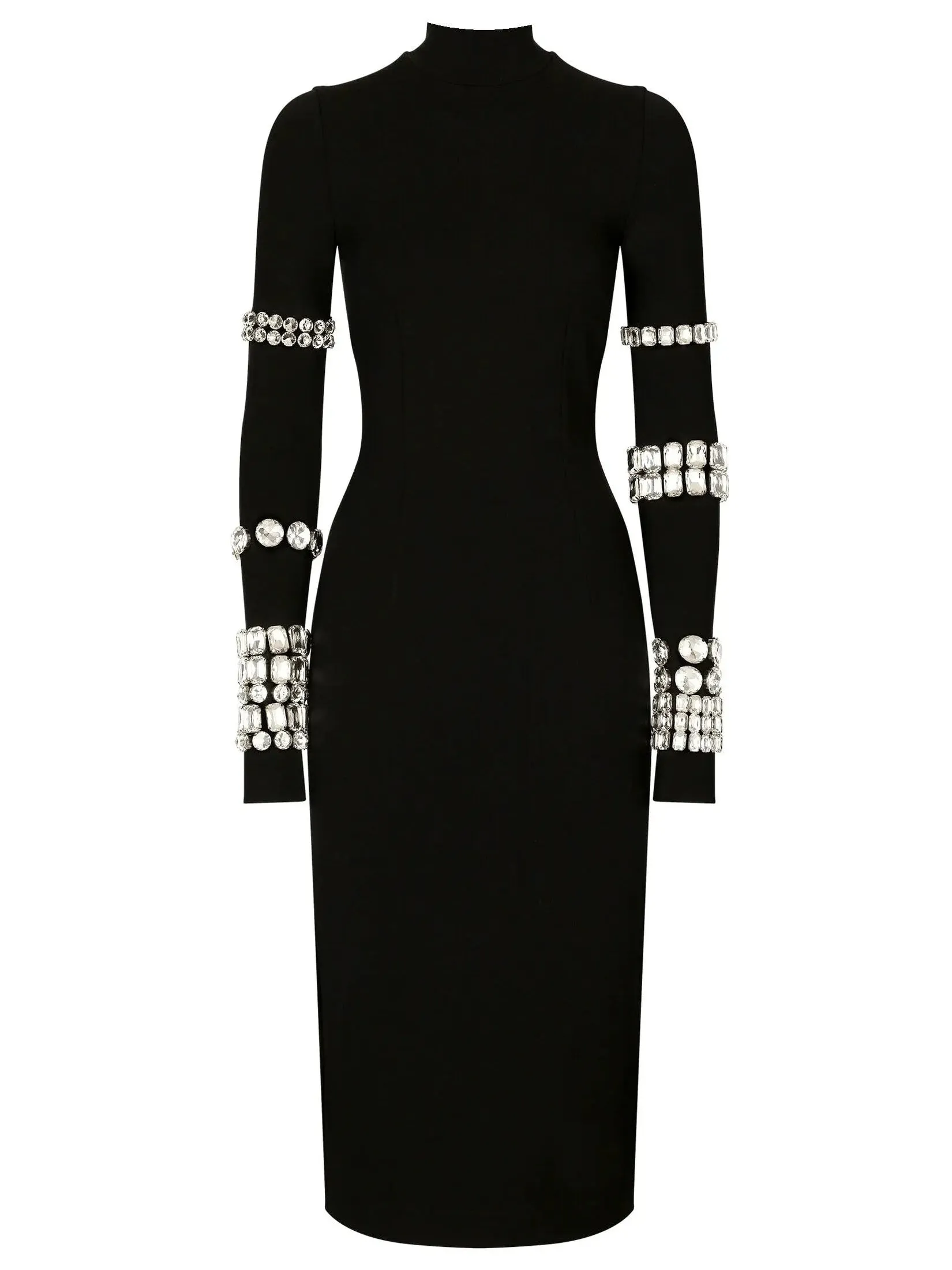 Women’s Black Calf-Length Stretchy Dress with Rhinestones