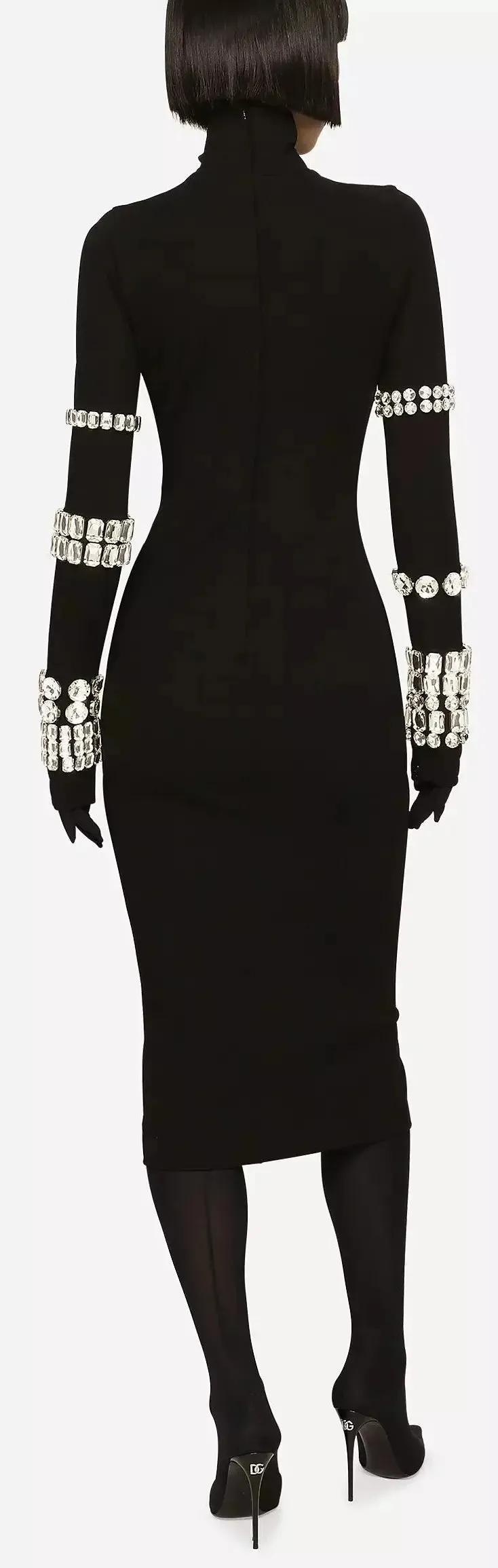 Women’s Black Calf-Length Stretchy Dress with Rhinestones