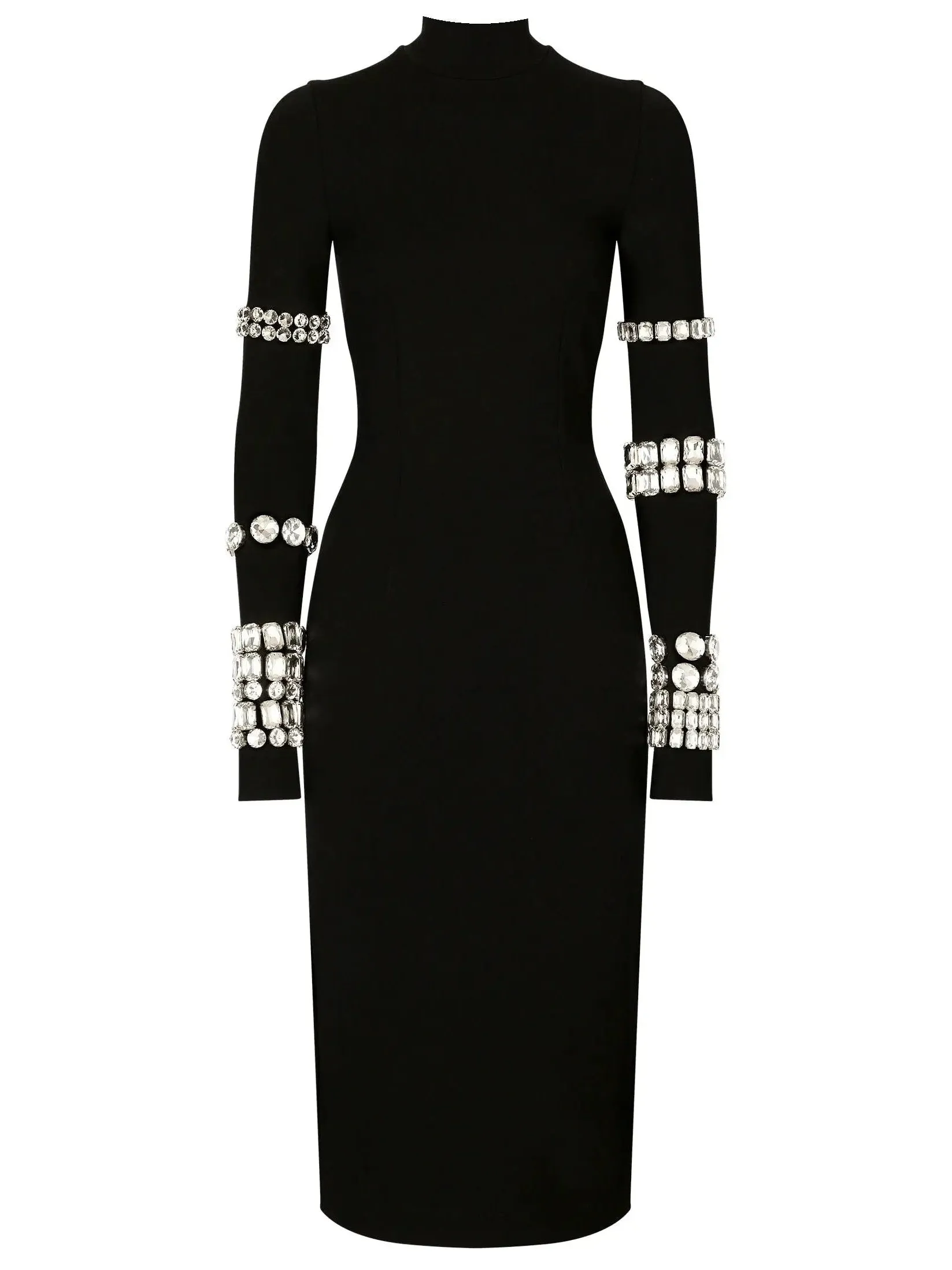 Women’s Black Calf-Length Stretchy Dress with Rhinestones