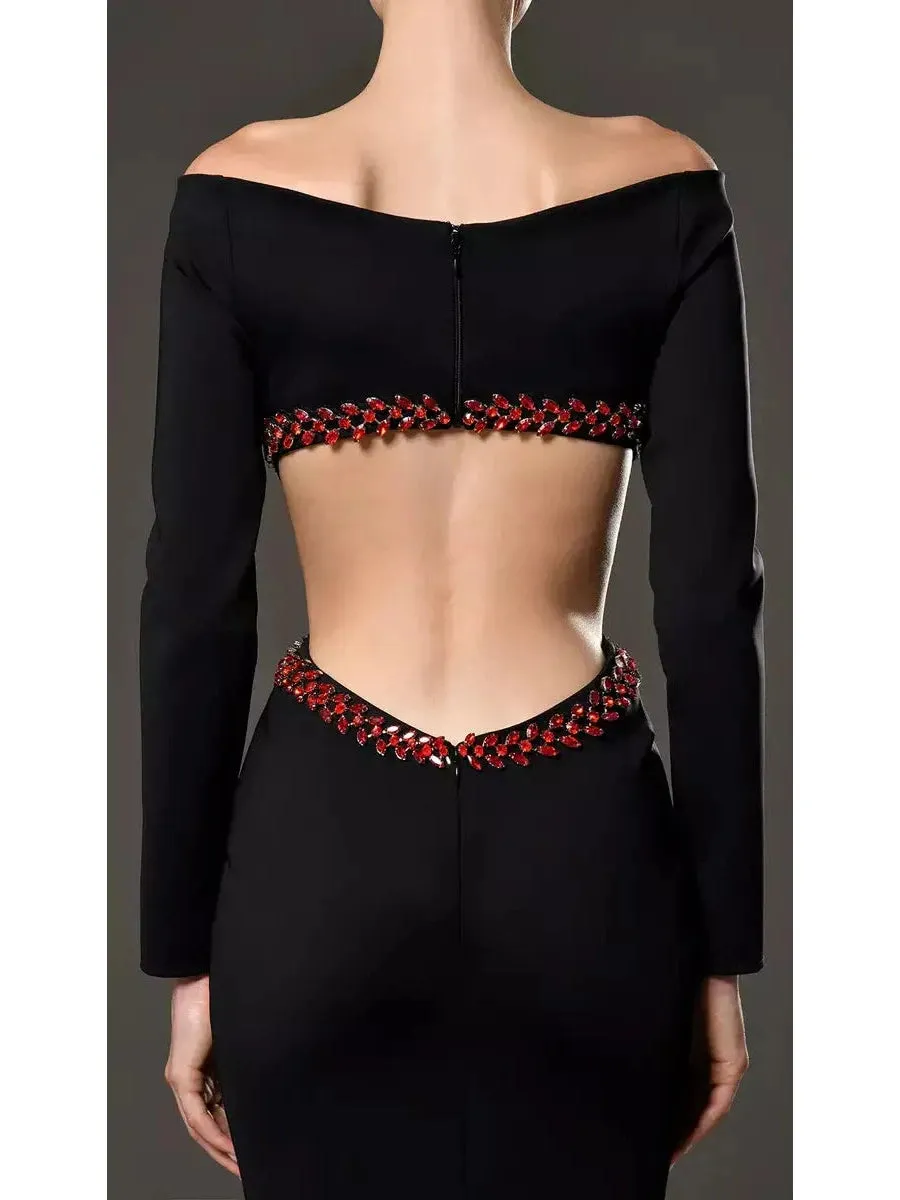 Women’s Black Jersey Dress Featuring Red Crystal Embroidery on the Waist Cut-Out and Back