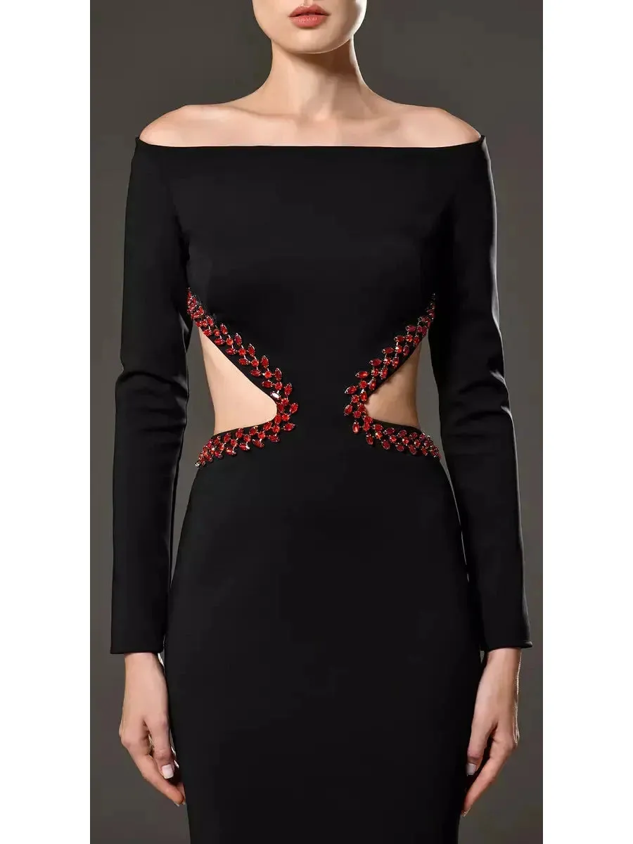 Women’s Black Jersey Dress Featuring Red Crystal Embroidery on the Waist Cut-Out and Back