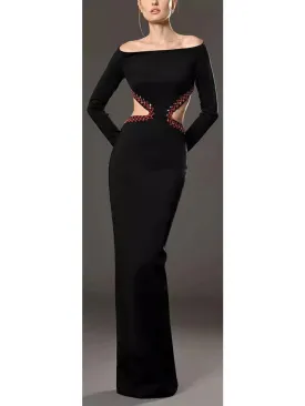 Women’s Black Jersey Dress Featuring Red Crystal Embroidery on the Waist Cut-Out and Back