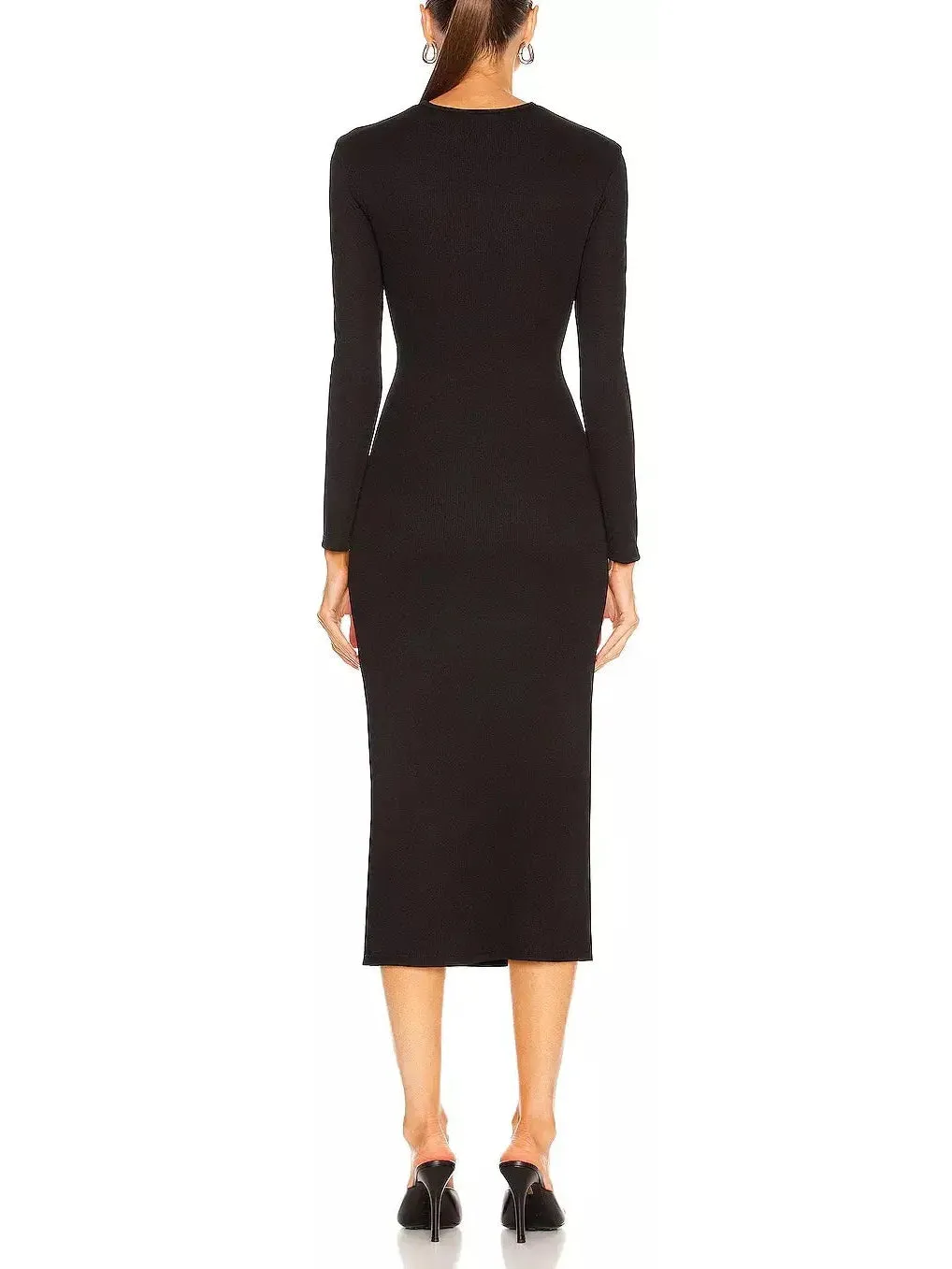 Women’s Black Ruched Column Long Sleeve Midi Dress