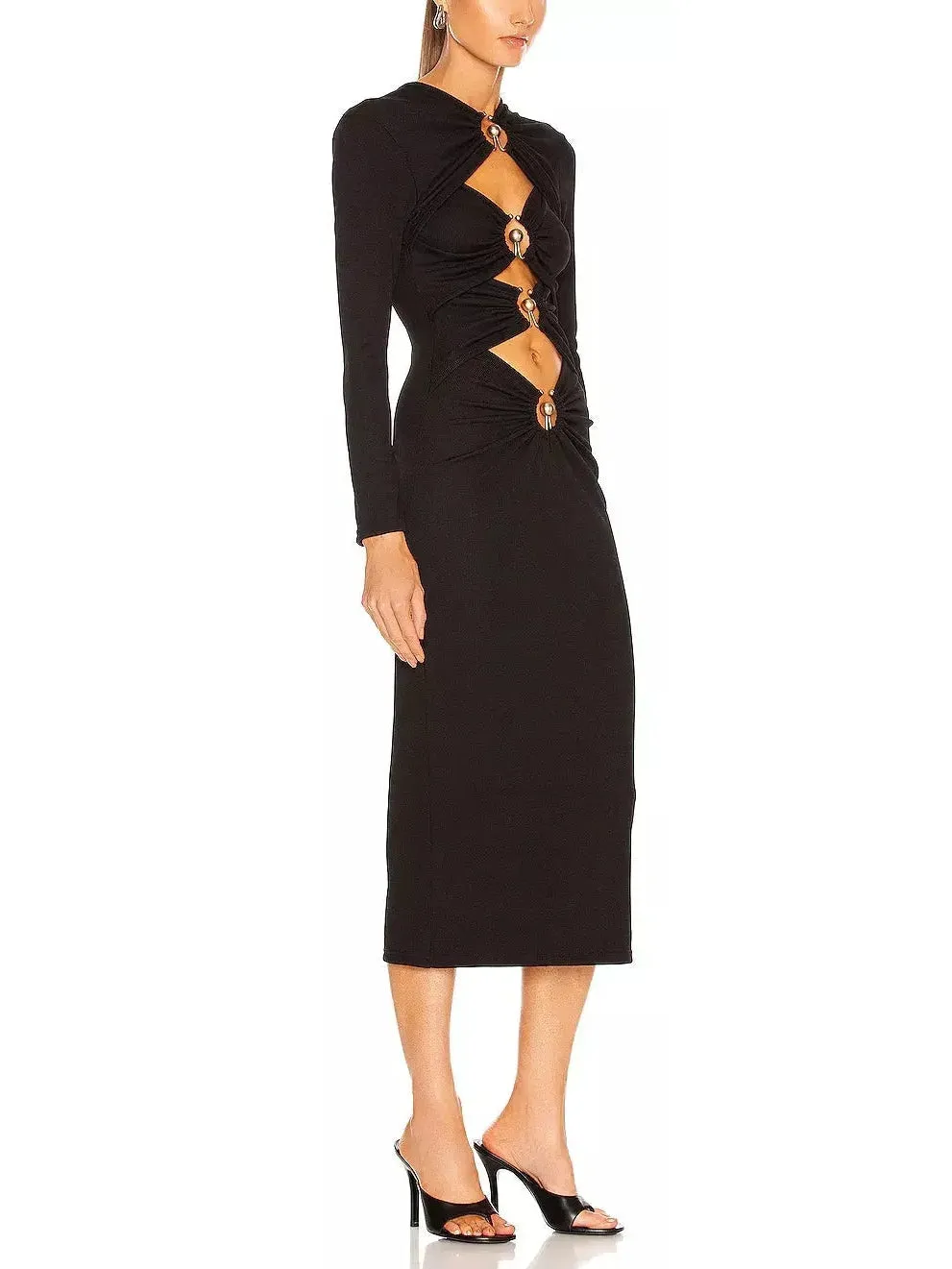 Women’s Black Ruched Column Long Sleeve Midi Dress