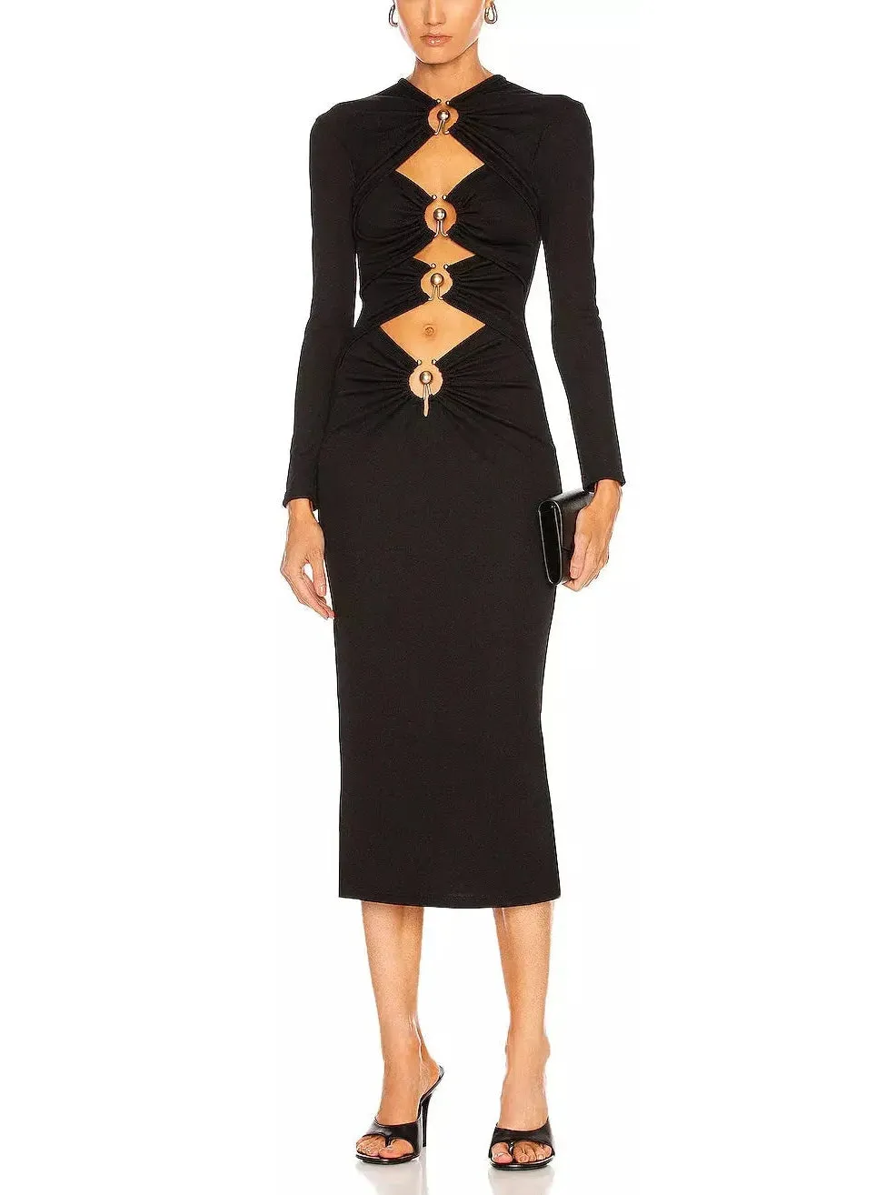 Women’s Black Ruched Column Long Sleeve Midi Dress