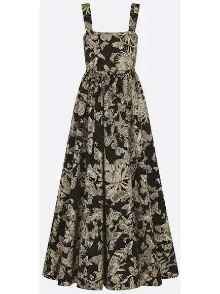 Women’s Black Technical Jacquard with Gold-Tone Allover Butterfly Motif Belted Dress