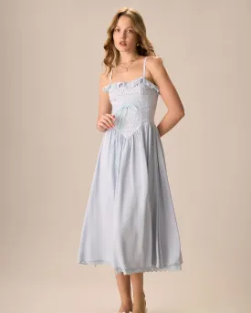 Women's Blue Embroidery Cotton Slip Midi Dress