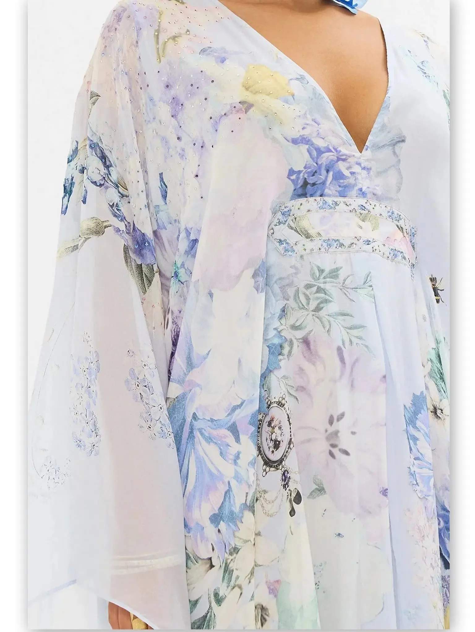 Women’s Butterfly and Floral Printed Long Light Blue Kaftan Dress with Waist Detail