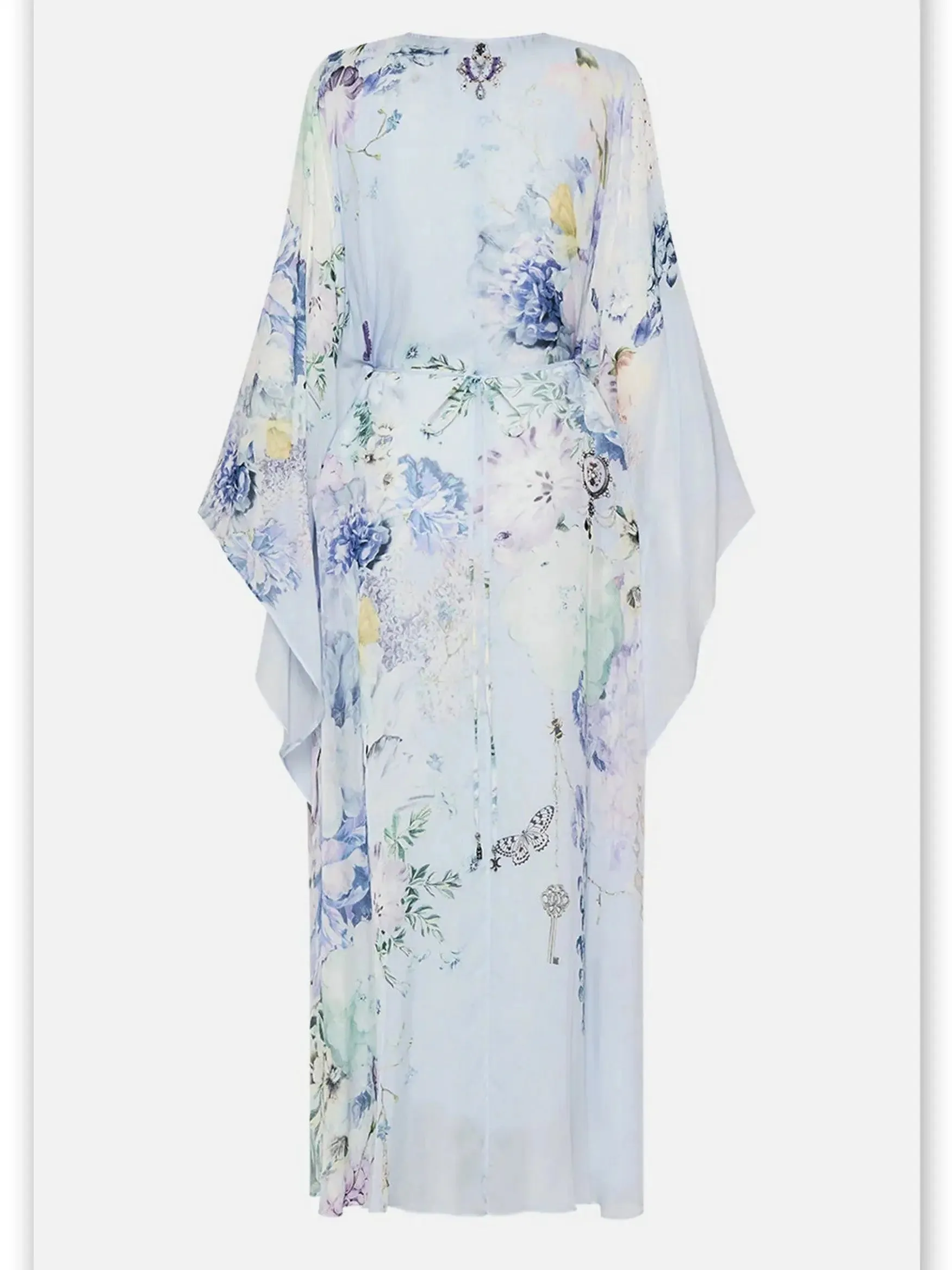 Women’s Butterfly and Floral Printed Long Light Blue Kaftan Dress with Waist Detail