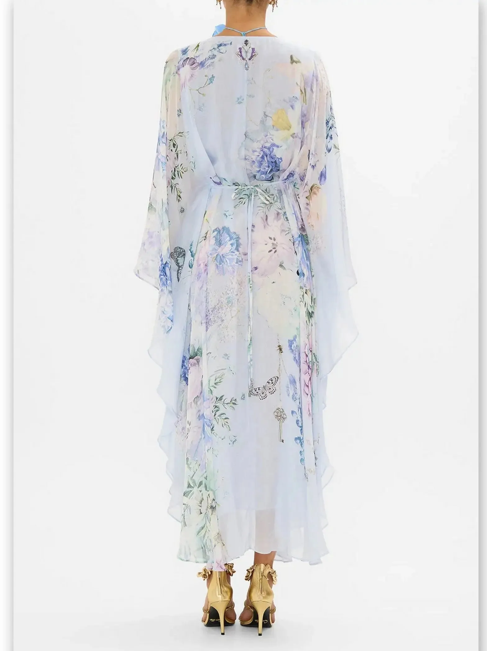 Women’s Butterfly and Floral Printed Long Light Blue Kaftan Dress with Waist Detail