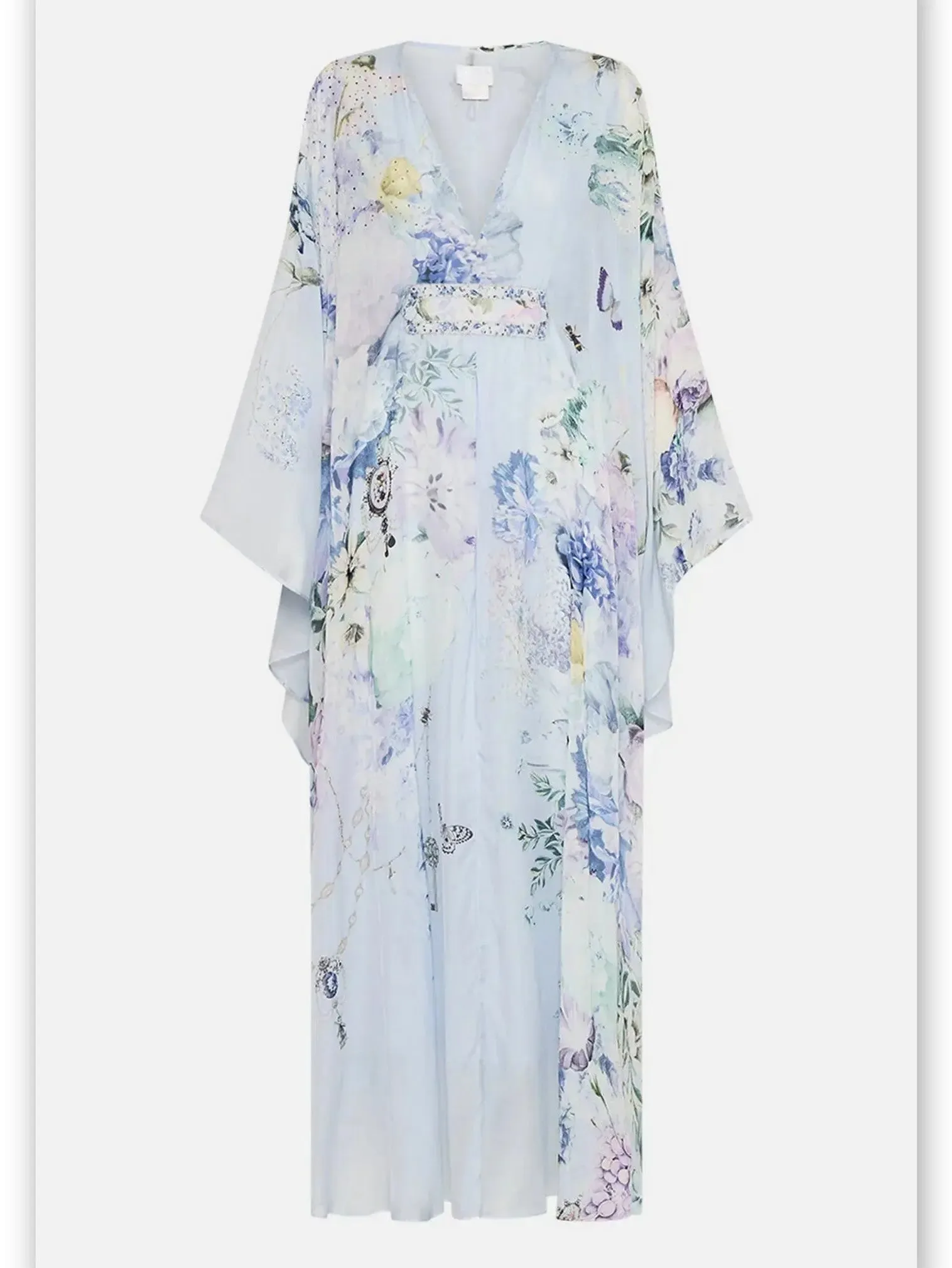 Women’s Butterfly and Floral Printed Long Light Blue Kaftan Dress with Waist Detail