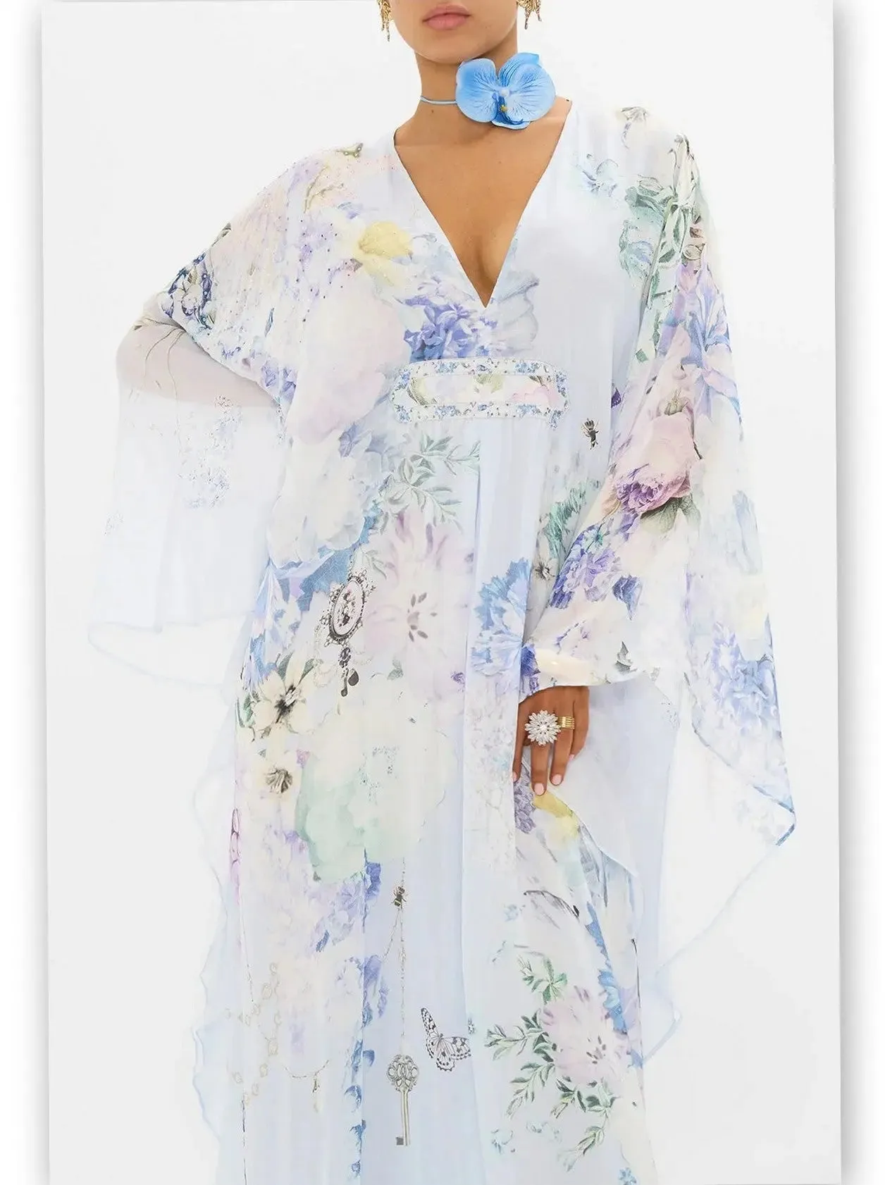 Women’s Butterfly and Floral Printed Long Light Blue Kaftan Dress with Waist Detail