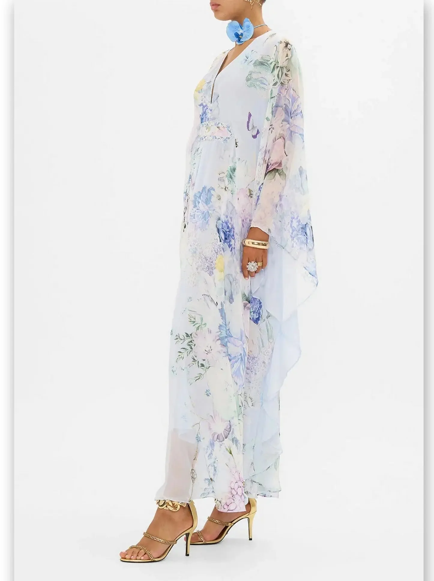 Women’s Butterfly and Floral Printed Long Light Blue Kaftan Dress with Waist Detail