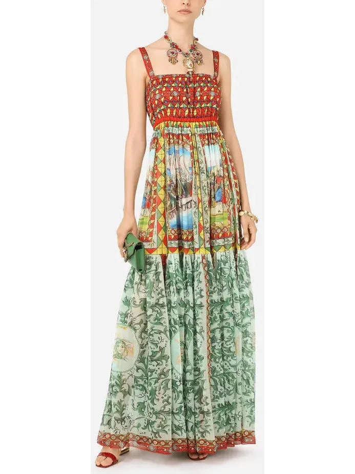 Women’s Carretto Print Chiffon Maxi Dress in Multicolor