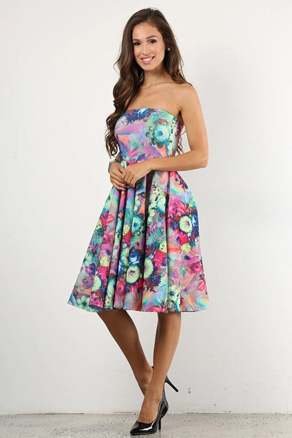 Womens Romantic Colorful Floral A-Line Fit & Flare Dress